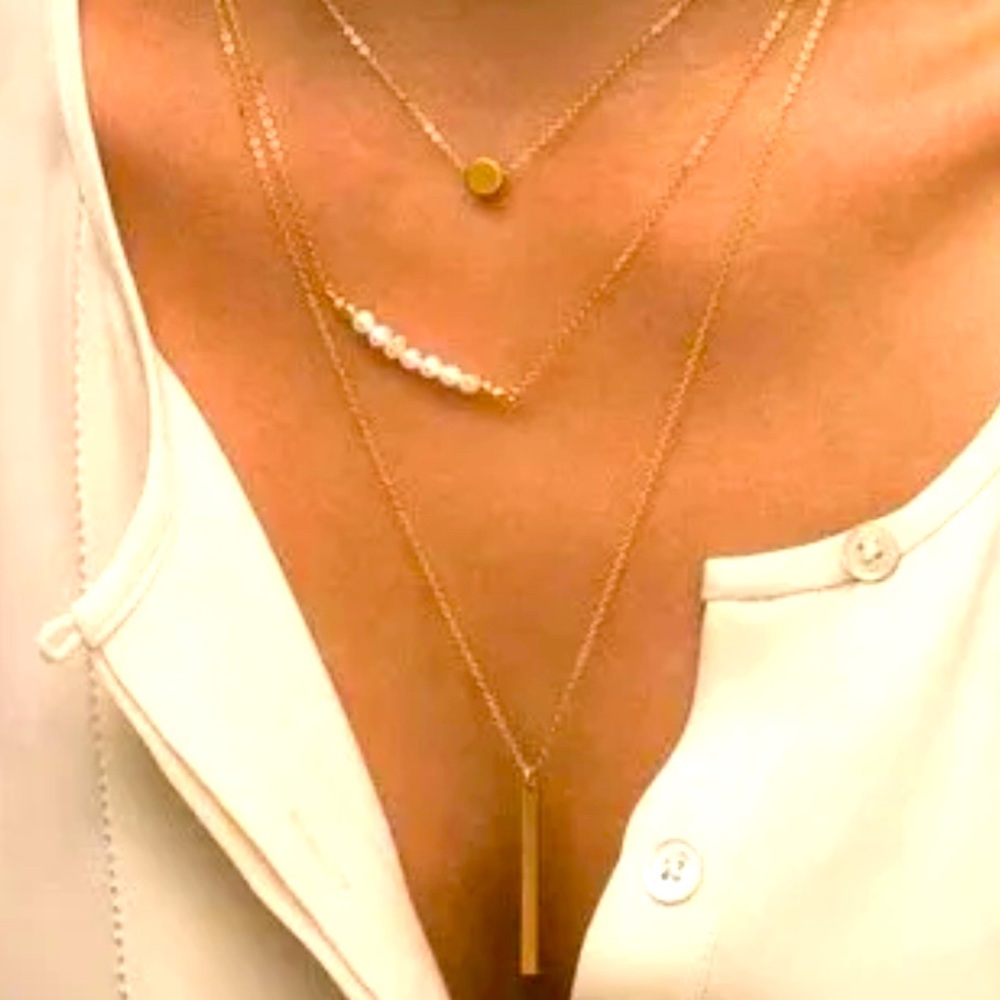 New three chain dangle necklace bar and faux pearl beaded